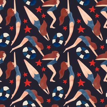 Seamless pattern with floating women in vintage style. Swimming. Watercolor illustration on black background.