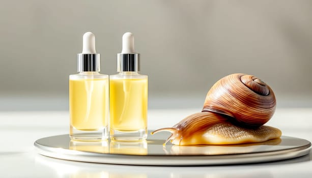 Two bottles with serum with snail mucin and one large snail on a mirror surface, white background. Organic natural cosmetics.