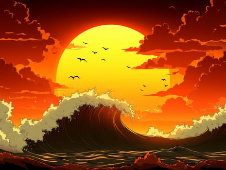 Vibrant illustration of a large ocean wave under a fiery sunset with birds flying across the sky, serving as a metaphor for the beauty and intensity of nature, and as a reflection on environmental themes like climate change.