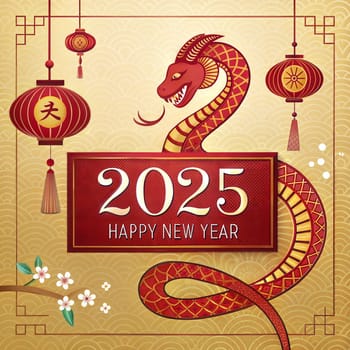 Chinese new year 2025 The year of the Snake. Lunar year of Snake illustration and design on golden background. Snake, flowers and red lanterns. Happy New Year