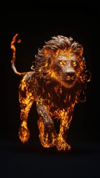 Majestic lion surrounded by fiery, golden flames, creating a powerful, mystical atmosphere. isolated dark background..