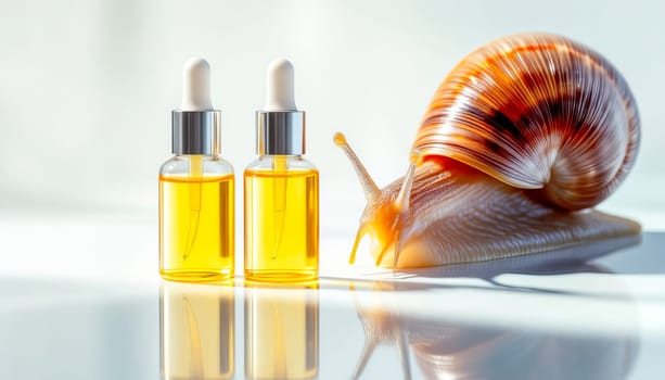 Two bottles with serum with snail mucin and one large snail on a mirror surface, white background. Organic natural cosmetics.