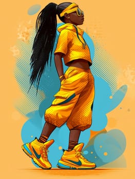 Bold illustration of a young woman dressed in yellow and blue streetwear, featuring oversized sneakers and accessories, embodying modern urban fashion and confidence.
