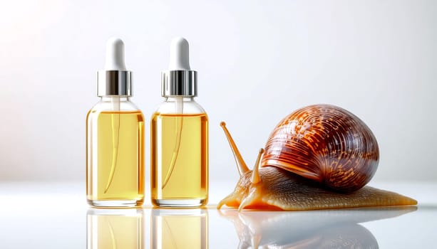 Two bottles with serum with snail mucin and one large snail on a mirror surface, white background. Organic natural cosmetics.