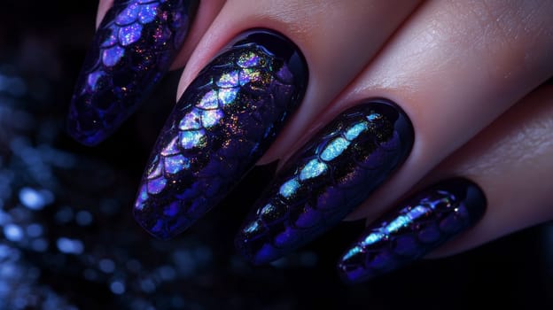 A detailed view of a woman's hand displaying intricate and glossy nail art with a shimmering, holographic scale pattern. ideal for beauty and fashion themes, emphasizing creativity and elegance in nail design.