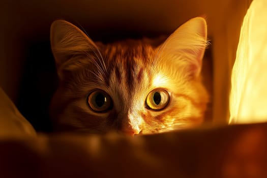 A cat peeking out of a cardboard box with a surprised expression and warm golden lighting, with a shallow depth of field..