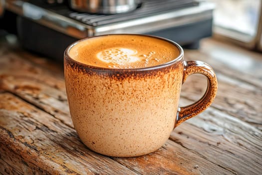 Close-up of a cup of morning espresso standing on a wooden table with a coffee machine in the background.