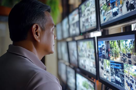 in cctv room system, rear shot a Security professional monitoring surveillance feeds color shot picture from multiple cameras on screen monitors --ar 3:2 --stylize 250 --v 6.1 Job ID: 4e4a4456-01dd-4ecf-8414-6c793798b400