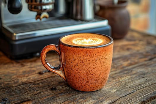 Close-up of a cup of morning espresso standing on a wooden table with a coffee machine in the background.