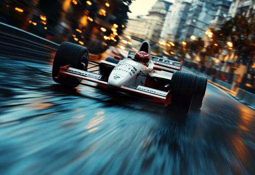 Ground level shot of a red Formula 1 racing car with copy space..