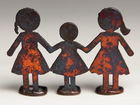 Three rusted metal figurines of people holding hands, symbolizing unity, family, and connection, with a weathered, rustic appearance.