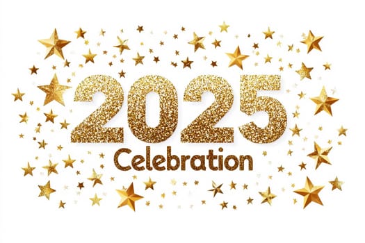 Happy New Years 2025 celebration text banner with gold glitter star and bokeh ..