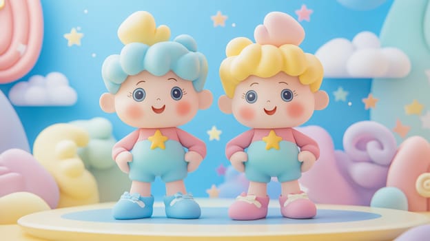 Two whimsical 3d figurines of identical twin characters with bright outfits and star motifs stand against a soft, pastel backdrop. the joyful expressions and vibrant colors create a playful and imaginative atmosphere.