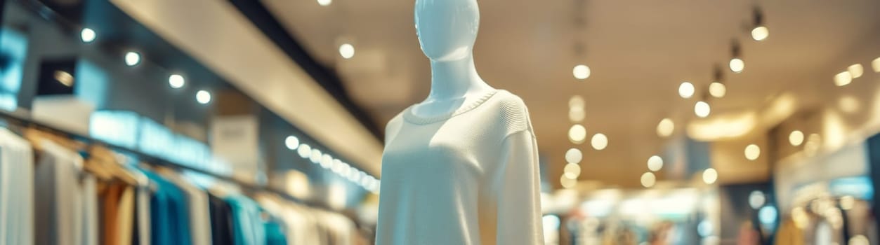 A woman's mannequin stands in front of a clothing store. High quality photo