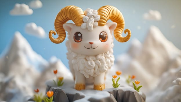 Charming 3d figurine of a mountain goat features intricate curly golden horns and a whimsical expression. set in an idyllic mountain landscape, surrounded by snowy peaks and vibrant flowers, perfect for playful design projects.