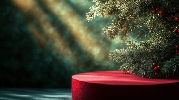 Empty red podium for product photography. Shiny blurred background with bokeh, baubles, decorated Christmas tree and spruce branches. Mockup pedestal on a table..