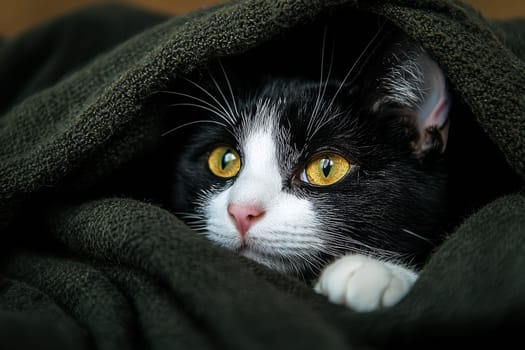 Cute tabby cat hiding under blanket looking at camera, cozy and peaceful atmosphere concept. ai generative.