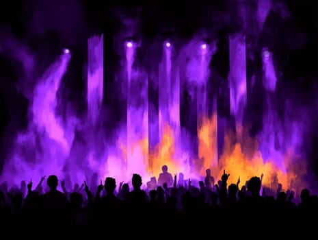 Silhouetted concertgoers with raised hands enjoy a vibrant light show, illuminated by intense purple and orange stage lights, creating a lively atmosphere.