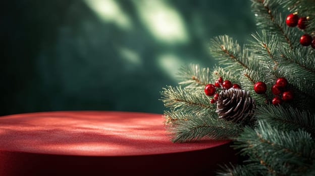 Empty red podium for product photography. Shiny blurred background with bokeh, baubles, decorated Christmas tree and spruce branches. Mockup pedestal on a table..