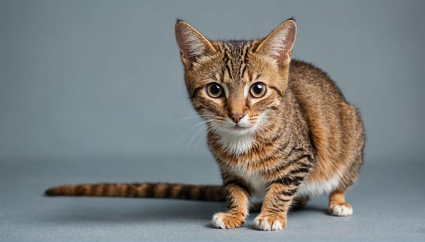 A brown tabby cat sits on a gray background. The cat has white paws and a white patch on its chest. The cat is looking directly at the camera.