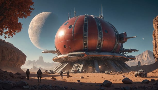 A large, round spaceship, with a dome-shaped top, rests on a desert planet. In the foreground, several figures stand in front of the ship, looking up at it.
