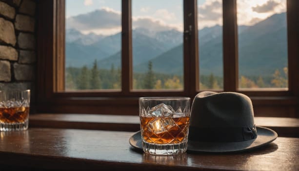 A glass of whiskey sits on a wooden table in front of a large window, a fedora hat placed beside it. Through the window, you can see a view of mountains and trees.