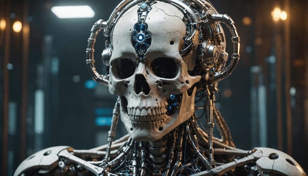 A close-up image of a robotic skull with a complex network of wiring and tubing connected to it.