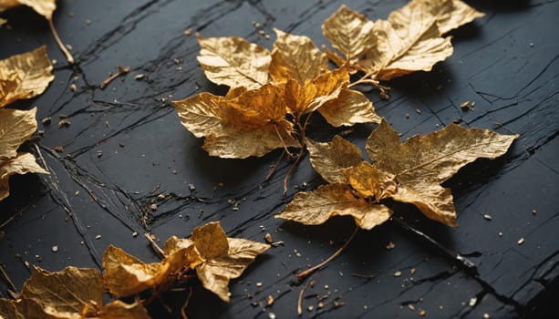 Close-up of several gold-painted leaves on a black surface. The leaves are spread out in a natural, organic arrangement, showcasing their intricate details and textured surfaces.