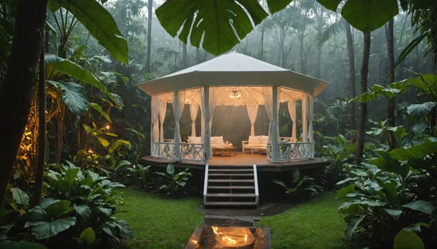 A white gazebo with a wooden deck and steps sits in the middle of a dense green jungle. It has a white canopy and white curtains.