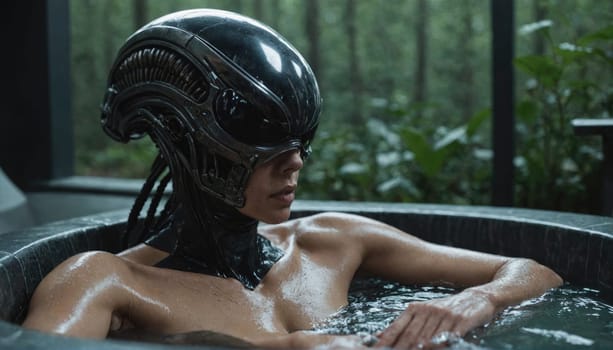 A woman wearing a dark, mechanical helmet with a visor is sitting in a dark stone hot tub. She is submerged up to her chest in the water.