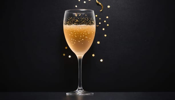 A glass of champagne sits on a black table, surrounded by gold confetti. The confetti is in the shape of stars.