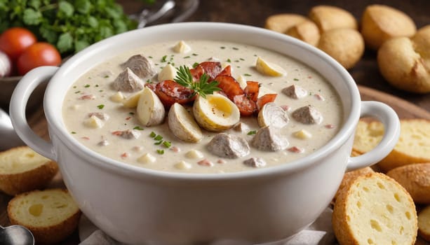 A white bowl of creamy soup with potatoes, tomatoes, and eggs on top, surrounded by crusty rolls.