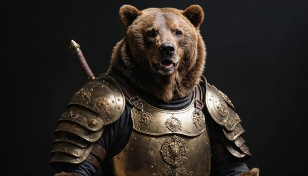 A bear wearing a suit of shining armor with a sword in its hand stares directly at the viewer.