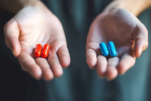A woman holds two pills in opposite hands, one blue and the other red, symbolizing a choice between different paths. Concept of duality between the unknown and security..