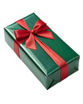 Green gift box with red ribbon and bow isolated on white background. Present box for Christmas, Birthday or Anniversary.