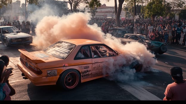 Powerful sports cars race through city streets at sunset, leaving a trail of smoke, thrilling spectators with high speed action