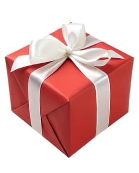 Red gift box with white ribbon and bow isolated on white background. Present box for Christmas, Birthday or Anniversary.