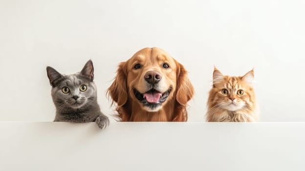 Color image of two cats and one dog on isolated white background. High quality photo