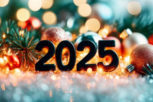 Happy New Years 2025 text banner with gold glitter and bokeh ..