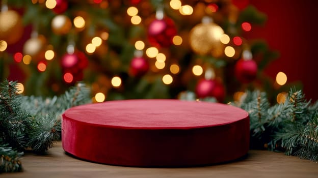 Empty red podium for product photography. Shiny blurred background with bokeh, baubles, decorated Christmas tree and spruce branches. Mockup pedestal on a table..