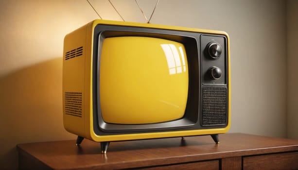 A yellow vintage television set with black trim sits on a wooden table with drawers. The television has its antenna extended and its screen is blank.