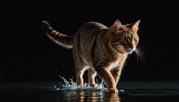 A brown tabby cat walks through water, leaving a trail of droplets behind it. The cat has a white patch on its chest and its fur is wet.
