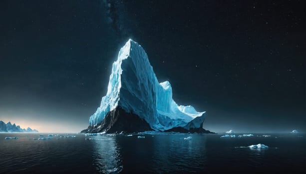 A massive iceberg, illuminated by the light of a starry night, dominates the scene. The iceberg's surface glistens with a blue hue, while the surrounding water reflects the starry sky.