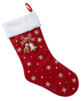 Red Christmas sock for gifts hanging on white background. Isolated red and white Christmas sock