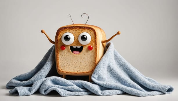 A smiling piece of bread with a big, wide grin and large eyes has been wrapped in a light blue, fluffy blanket. The bread has two red dots for cheeks, and it appears to be in a cozy, happy state.