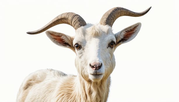 A white goat with large, curved horns is looking directly at the camera. The goat has a white face and body, and its horns are brown. The background is a white, solid color.