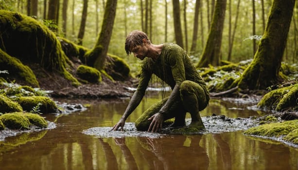 A man, his body covered in moss, kneels in a shallow stream. The stream is muddy and flows through a dense forest. The surrounding trees are tall and their trunks are covered in moss.