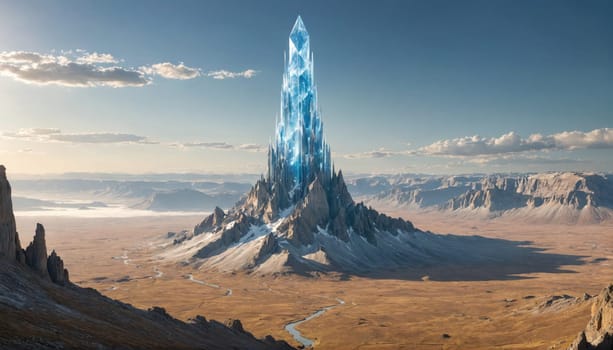 A tall, blue, crystalline tower sits atop a rocky mountain in a large desert landscape. The sky is bright and clear, with several white clouds.