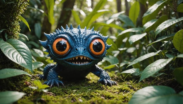 A small, blue creature with large, orange eyes and sharp teeth smiles as it peeks out from behind large green leaves. The creature is in a dense forest with lush foliage and mossy ground.