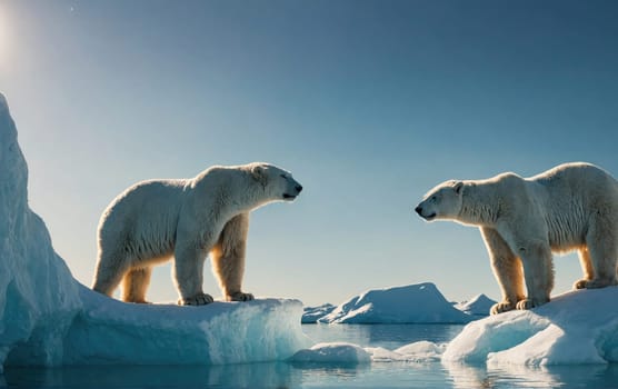 Two polar bears stand on separate ice floes in the Arctic, facing each other on a bright, sunny day.